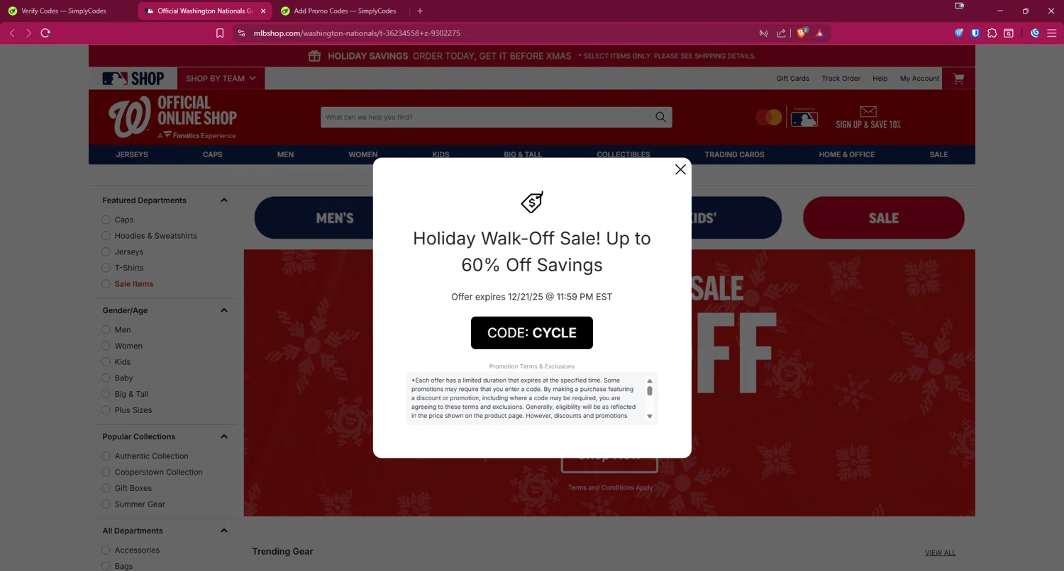 Washington Nationals promo code screenshot showing code CYCLE applied at Washington Nationals checkout page. Uploaded by SimplyCodes community member 1323535 on Dec 19, 2025