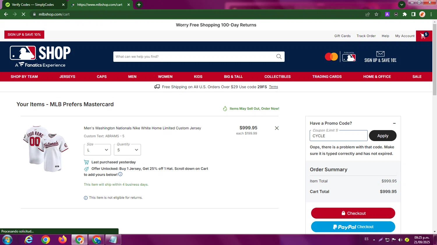 Washington Nationals promo code screenshot showing code CYCLE applied at Washington Nationals checkout page. Uploaded by SimplyCodes community member LegendaryBoss7060 on Sep 22, 2025