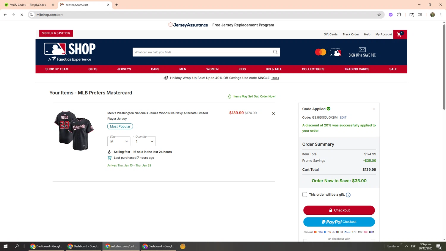 Washington Nationals checkout page showing Washington Nationals promo code box | Screenshot taken by SimplyCodes community member on Dec 30, 2025