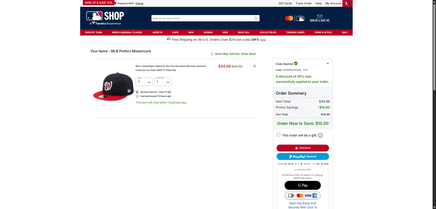 Washington Nationals checkout page showing Washington Nationals promo code box | Screenshot taken by SimplyCodes community member on Feb 2, 2026