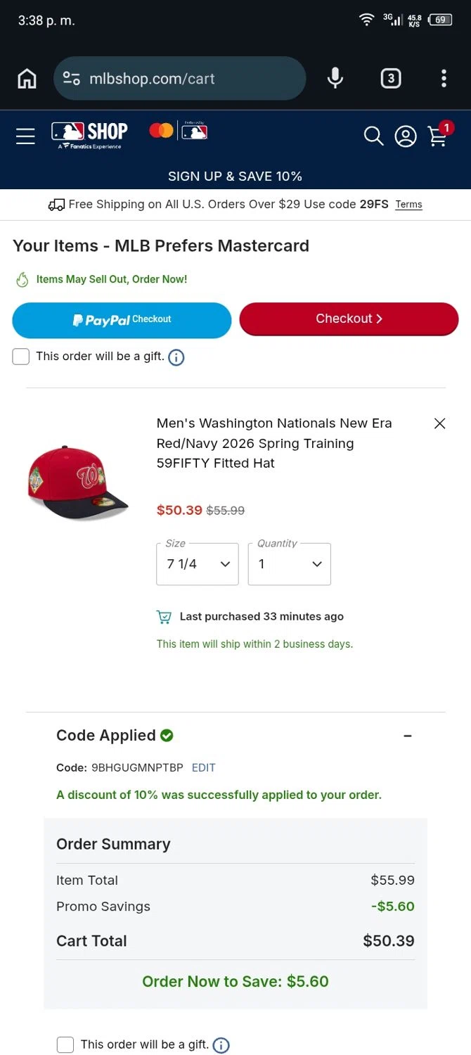 Washington Nationals checkout page showing Washington Nationals promo code box | Screenshot taken by SimplyCodes community member on Feb 16, 2026