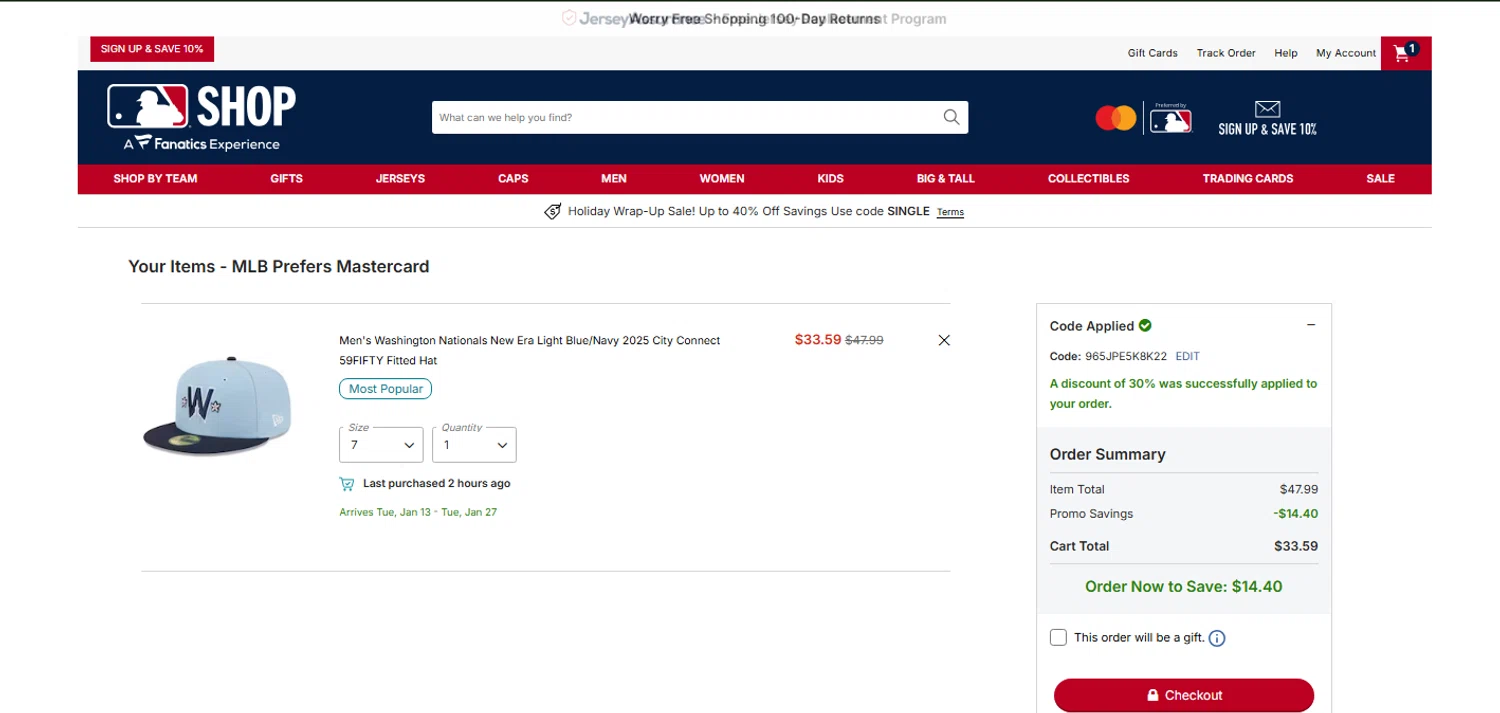 Washington Nationals promo code screenshot showing code 965JPE5K8K22 applied at Washington Nationals checkout page. Uploaded by SimplyCodes community member OnlywM on Dec 26, 2025