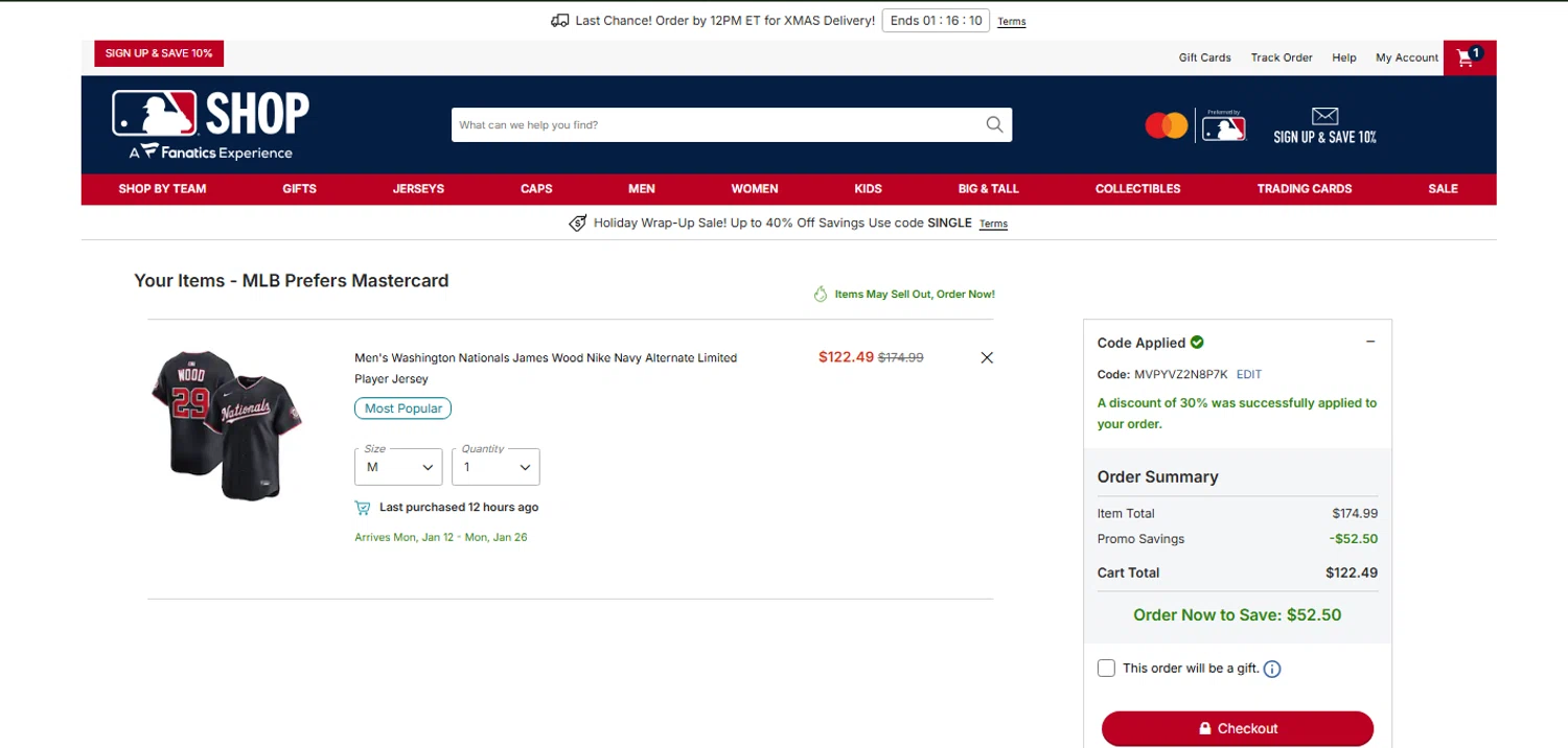 Washington Nationals promo code screenshot showing code MVPYVZ2N8P7K applied at Washington Nationals checkout page. Uploaded by SimplyCodes community member OnlywM on Dec 22, 2025
