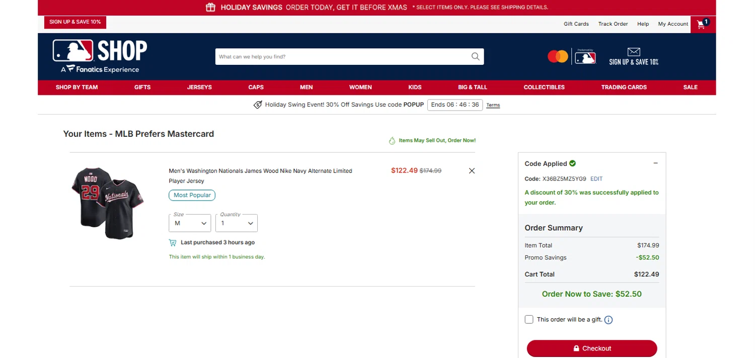 Washington Nationals promo code screenshot showing code X36BZ5MZ5YG9 applied at Washington Nationals checkout page. Uploaded by SimplyCodes community member OnlywM on Dec 18, 2025