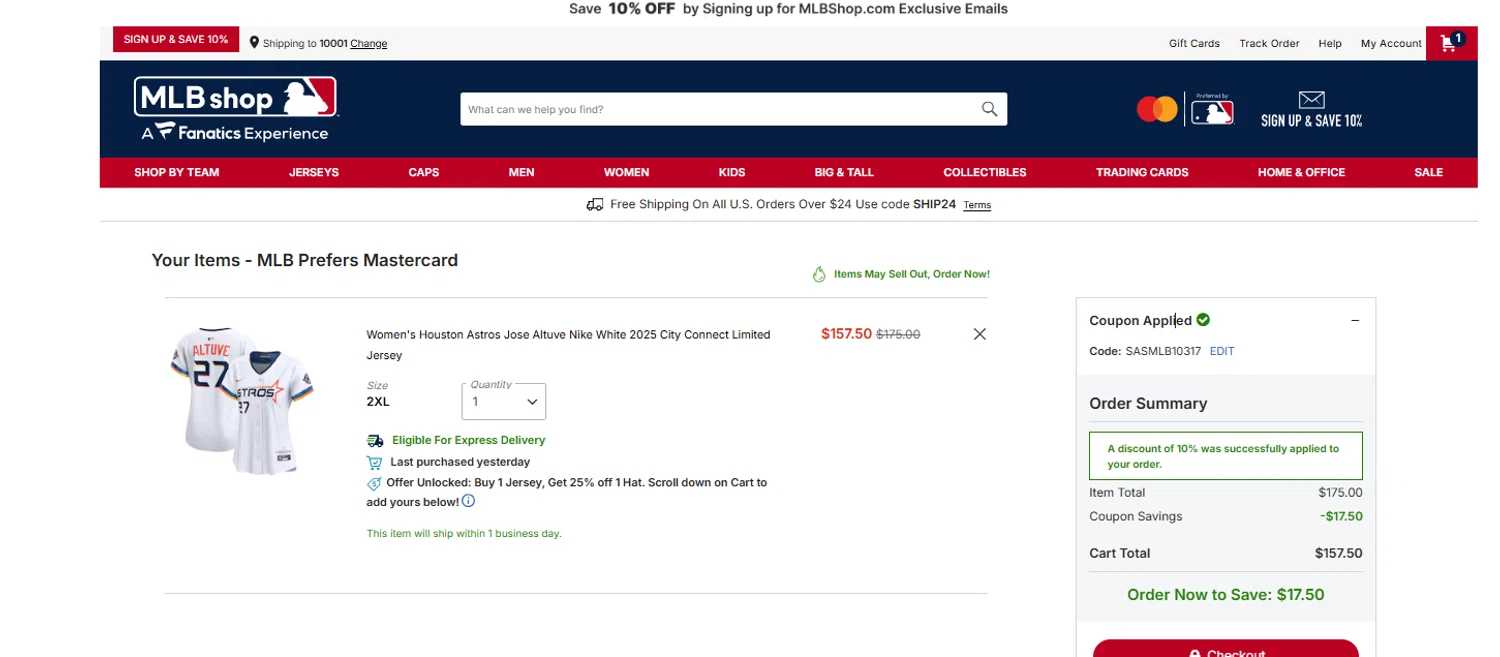 Washington Nationals promo code screenshot showing code SASMLB10317 applied at Washington Nationals checkout page. Uploaded by SimplyCodes community member Aressss on Jun 22, 2025