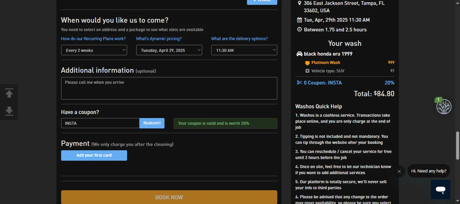 Washos promo code screenshot showing code INSTA applied at Washos checkout page. Uploaded by SimplyCodes community member 111111 on Apr 21, 2025