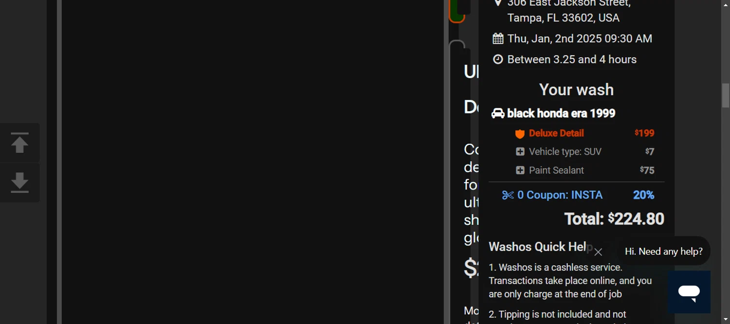 Washos promo code screenshot showing code INSTA applied at Washos checkout page. Uploaded by SimplyCodes community member 111111 on Jan 2, 2025