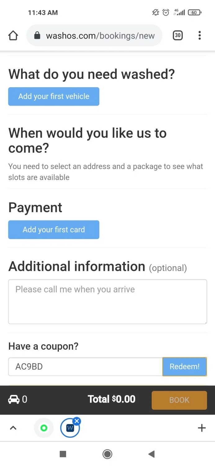 Washos checkout page showing Washos promo code box | Screenshot taken by SimplyCodes community member on May 7, 2021