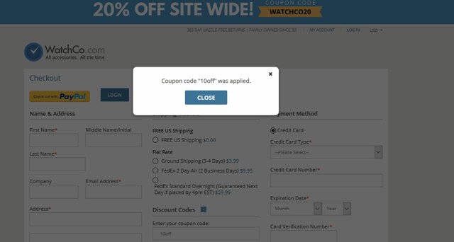 WatchCo.com checkout page showing WatchCo.com promo code box | Screenshot taken by SimplyCodes community member on May 15, 2020