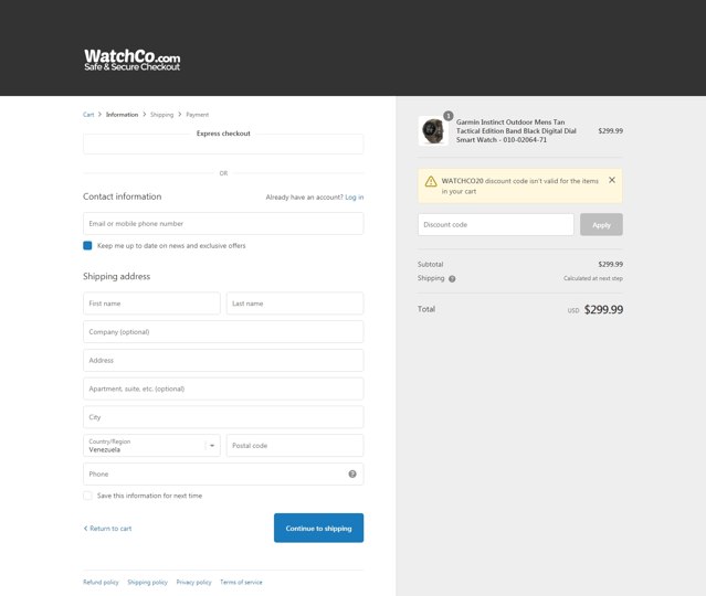 WatchCo.com checkout page showing WatchCo.com promo code box | Screenshot taken by SimplyCodes community member on Mar 9, 2021