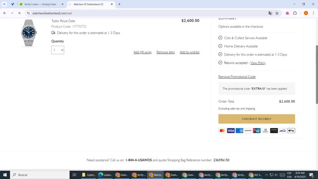 Watches of Switzerland checkout page showing Watches of Switzerland promo code box | Screenshot taken by SimplyCodes community member on Apr 10, 2025