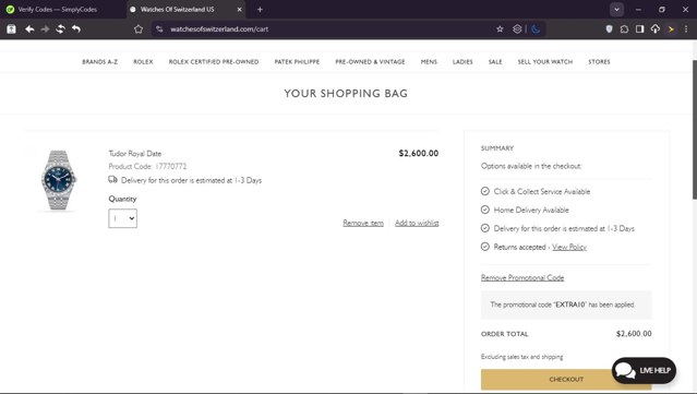 Watches of Switzerland checkout page showing Watches of Switzerland promo code box | Screenshot taken by SimplyCodes community member on Mar 12, 2025