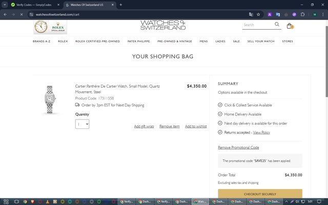 Watches of Switzerland checkout page showing Watches of Switzerland promo code box | Screenshot taken by SimplyCodes community member on Apr 11, 2025