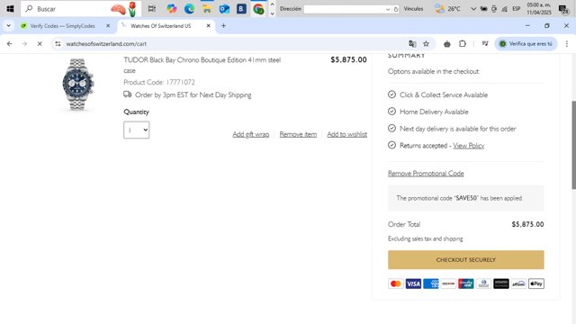 Watches of Switzerland checkout page showing Watches of Switzerland promo code box | Screenshot taken by SimplyCodes community member on Apr 11, 2025