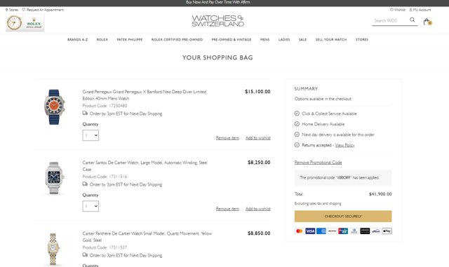 Watches of Switzerland checkout page showing Watches of Switzerland promo code box | Screenshot taken by SimplyCodes community member on May 17, 2025