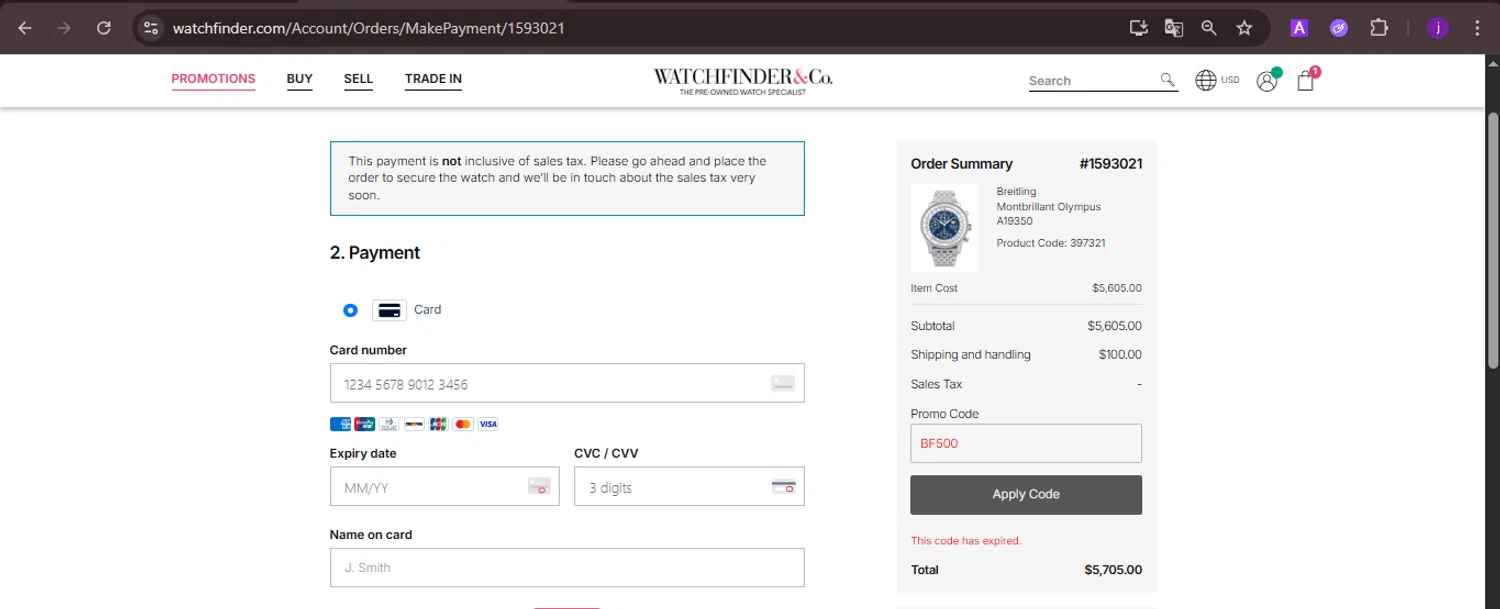 Watchfinder & Co. promo code screenshot showing code BF500 applied at Watchfinder & Co. checkout page. Uploaded by SimplyCodes community member CoinMaverick1452 on Dec 29, 2025