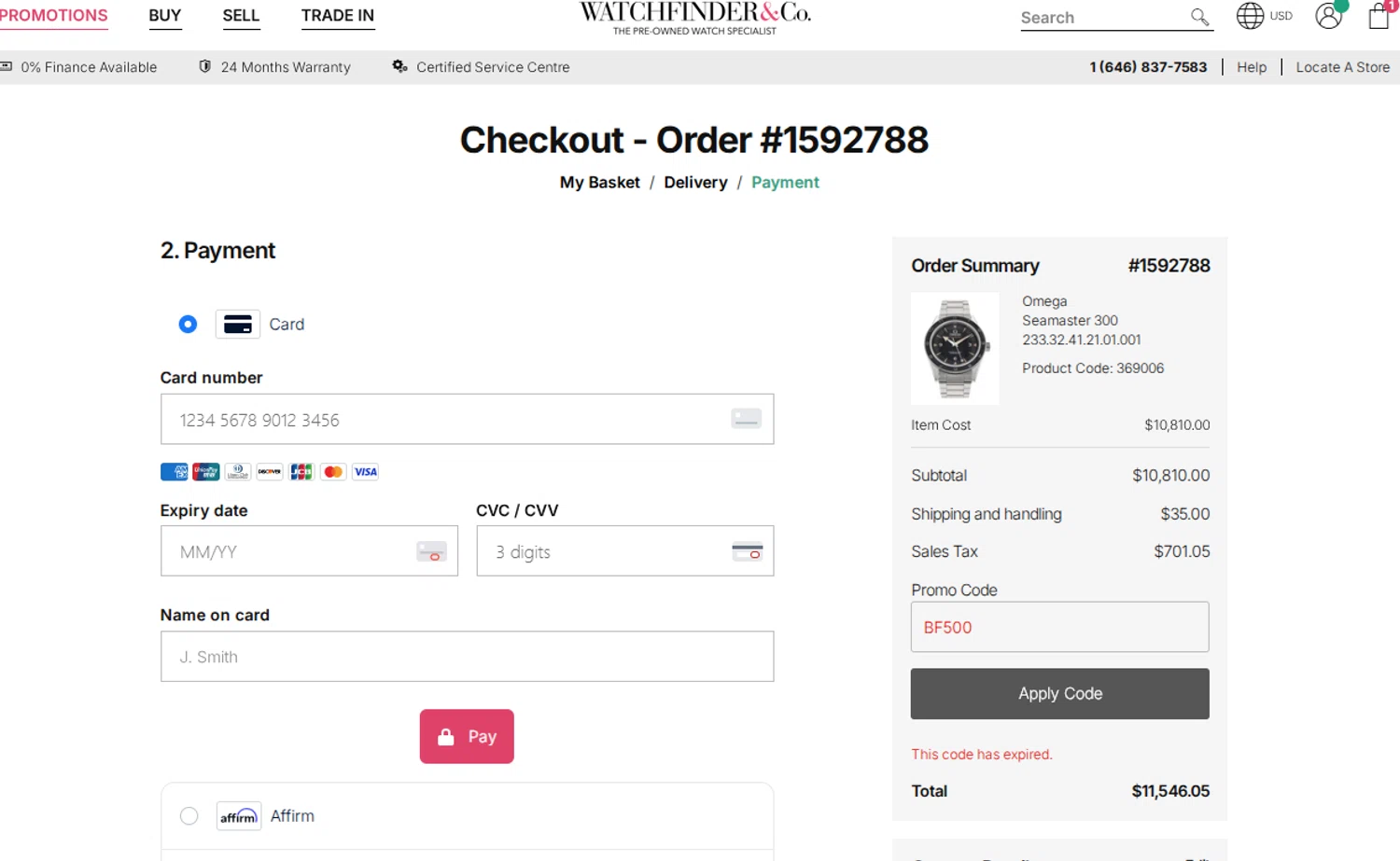 Watchfinder & Co. promo code screenshot showing code BF500 applied at Watchfinder & Co. checkout page. Uploaded by SimplyCodes community member ValiantPro374 on Dec 29, 2025