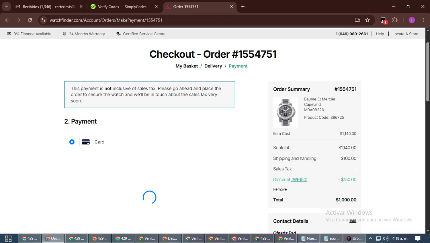 Watchfinder & Co. checkout page showing Watchfinder & Co. promo code box | Screenshot taken by SimplyCodes community member on Nov 10, 2025