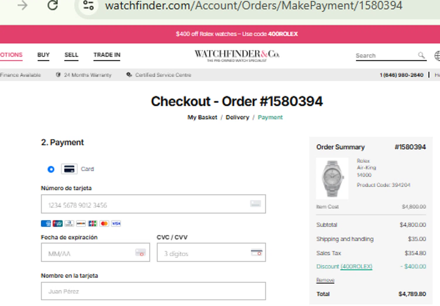 Watchfinder & Co. checkout page showing Watchfinder & Co. promo code box | Screenshot taken by SimplyCodes community member on Dec 12, 2025