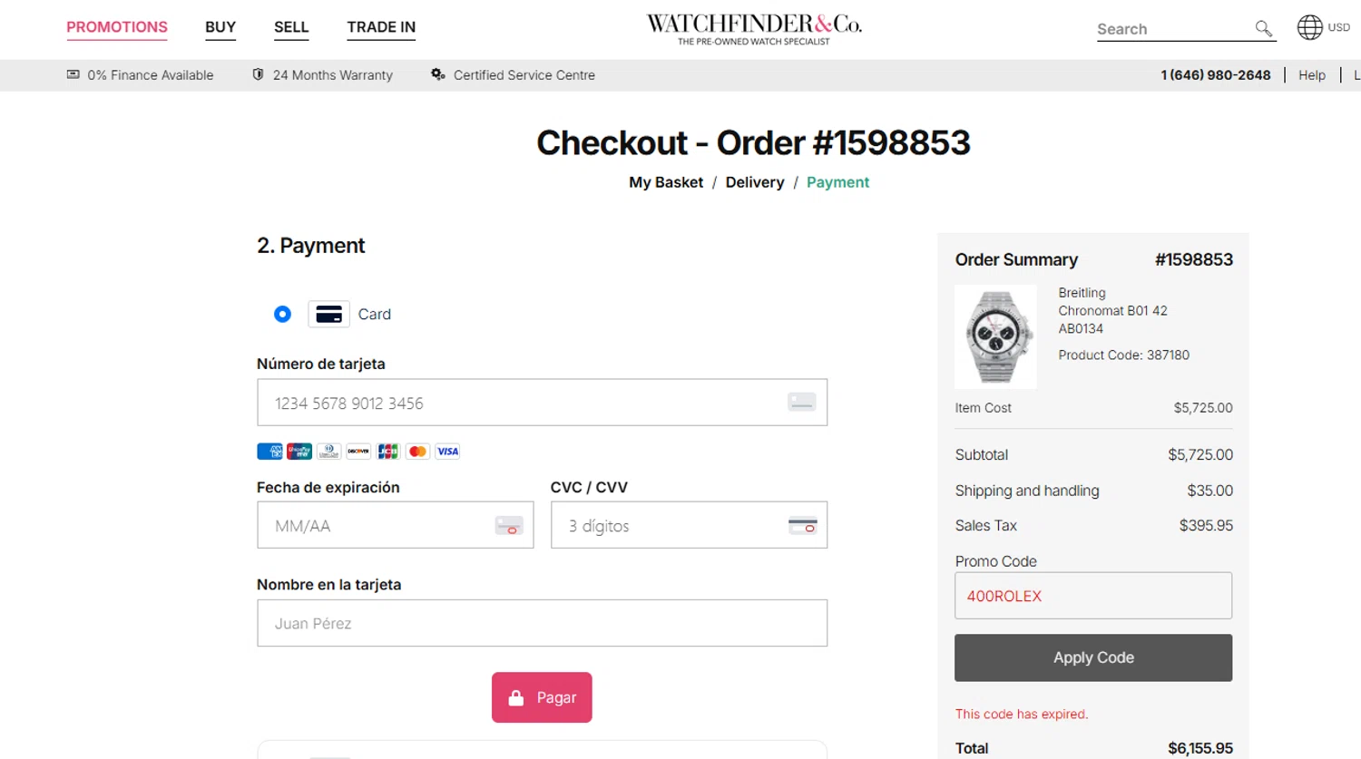 Watchfinder & Co. promo code screenshot showing code 400ROLEX applied at Watchfinder & Co. checkout page. Uploaded by SimplyCodes community member CoinHunter3841 on Jan 10, 2026
