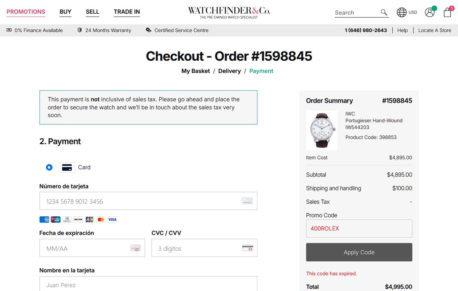 Watchfinder & Co. promo code screenshot showing code 400ROLEX applied at Watchfinder & Co. checkout page. Uploaded by SimplyCodes community member Holadiablo on Jan 10, 2026