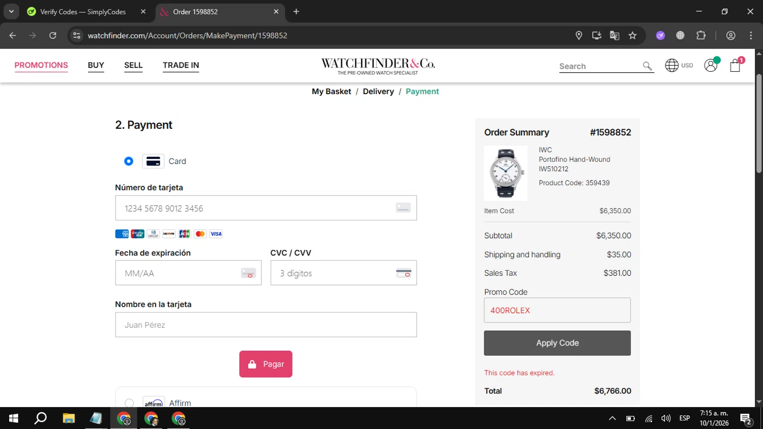 Watchfinder & Co. promo code screenshot showing code 400ROLEX applied at Watchfinder & Co. checkout page. Uploaded by SimplyCodes community member kuromii on Jan 10, 2026