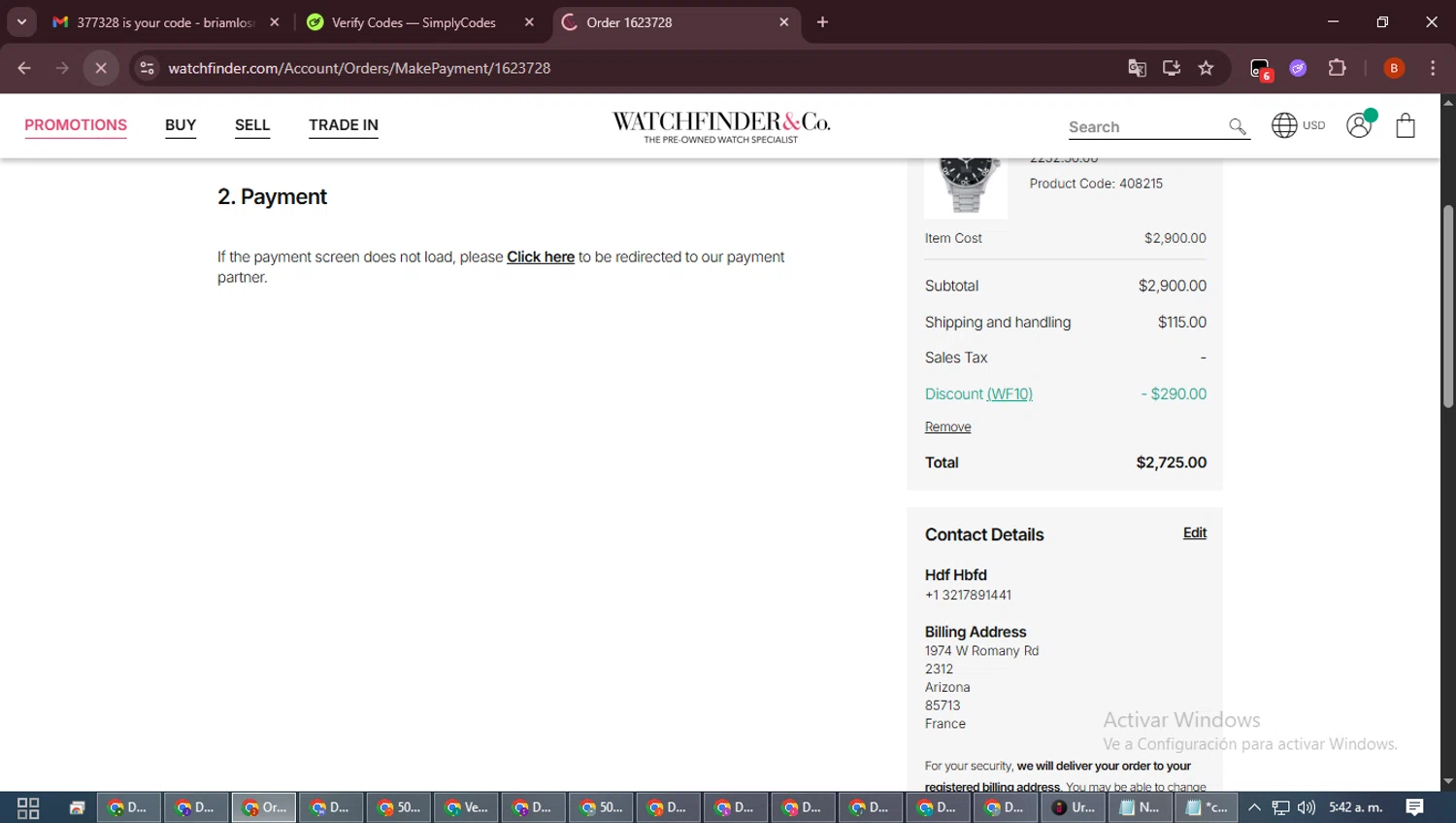 Watchfinder & Co. promo code screenshot showing code WF10 applied at Watchfinder & Co. checkout page. Uploaded by SimplyCodes community member DiscountExpert6435 on Feb 20, 2026