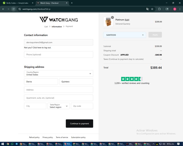 Watch Gang checkout page showing Watch Gang coupon code box | Screenshot taken by SimplyCodes community member on Sep 4, 2025