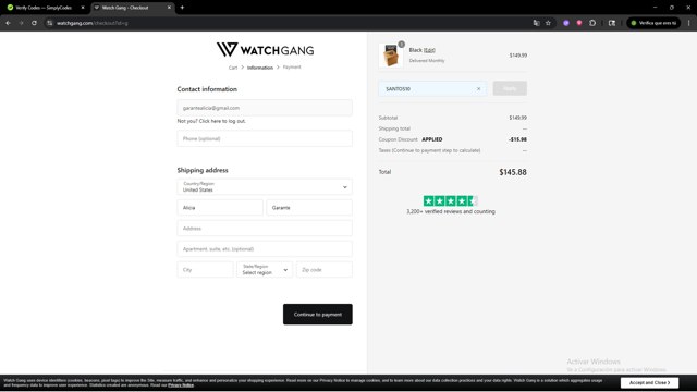 Watch Gang checkout page showing Watch Gang coupon code box | Screenshot taken by SimplyCodes community member on Aug 31, 2025