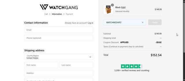 Watch Gang checkout page showing Watch Gang coupon code box | Screenshot taken by SimplyCodes community member on Aug 31, 2025