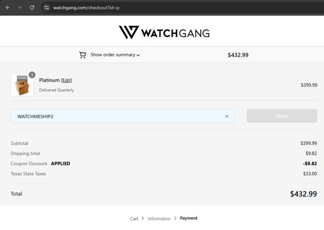 Watch Gang checkout page showing Watch Gang coupon code box | Screenshot taken by SimplyCodes community member on Sep 4, 2025