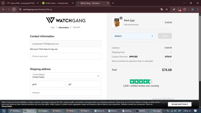 Watch Gang checkout page showing Watch Gang coupon code box | Screenshot taken by SimplyCodes community member on Sep 4, 2025