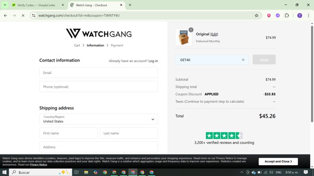 Watch Gang checkout page showing Watch Gang coupon code box | Screenshot taken by SimplyCodes community member on Sep 4, 2025