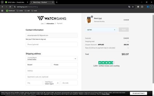 Watch Gang checkout page showing Watch Gang coupon code box | Screenshot taken by SimplyCodes community member on Aug 31, 2025
