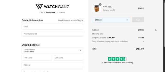 Watch Gang checkout page showing Watch Gang coupon code box | Screenshot taken by SimplyCodes community member on Aug 31, 2025
