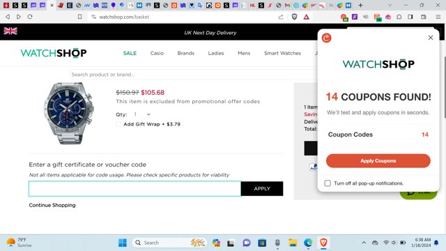 WatchShop checkout page showing WatchShop discount code box | Screenshot taken by SimplyCodes community member on Jan 18, 2024