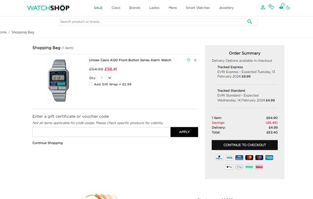 WatchShop checkout page showing WatchShop discount code box | Screenshot taken by SimplyCodes community member on Feb 11, 2024