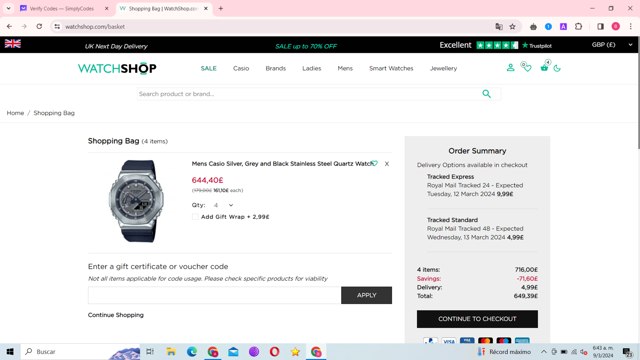 WatchShop checkout page showing WatchShop discount code box | Screenshot taken by SimplyCodes community member on Mar 9, 2024