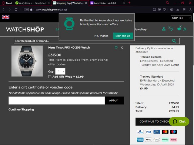 WatchShop checkout page showing WatchShop discount code box | Screenshot taken by SimplyCodes community member on Apr 8, 2024