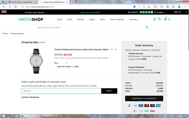 WatchShop checkout page showing WatchShop discount code box | Screenshot taken by SimplyCodes community member on Jan 13, 2024