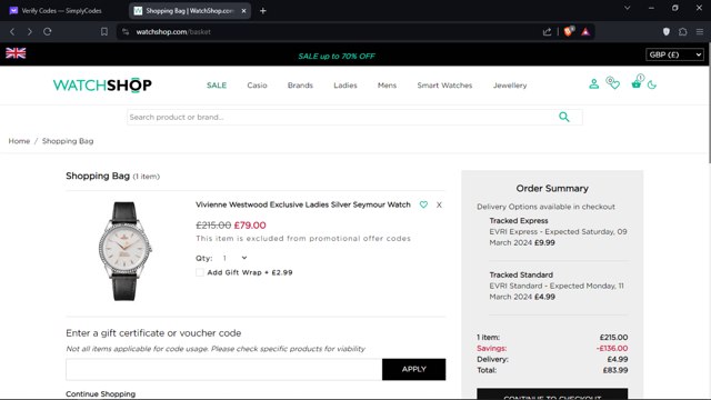 WatchShop checkout page showing WatchShop discount code box | Screenshot taken by SimplyCodes community member on Mar 8, 2024