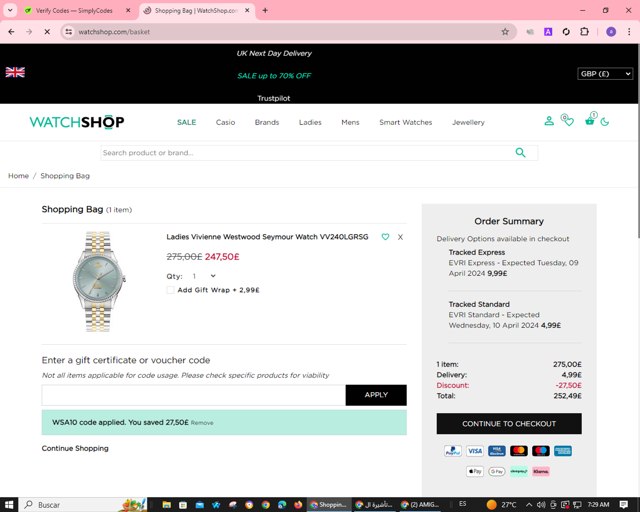 WatchShop checkout page showing WatchShop discount code box | Screenshot taken by SimplyCodes community member on Apr 6, 2024