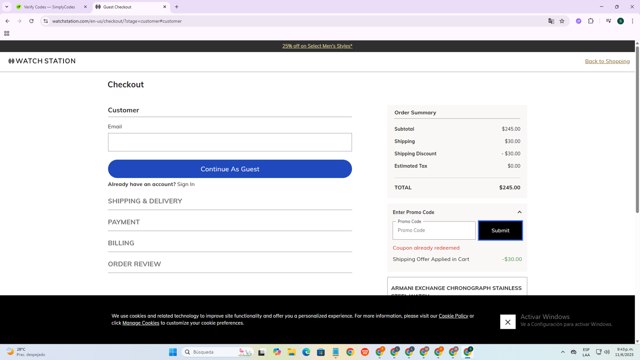 Watch Station checkout page showing Watch Station coupon code box | Screenshot taken by SimplyCodes community member on Jun 12, 2025