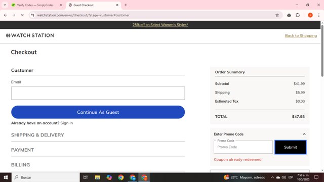 Watch Station checkout page showing Watch Station coupon code box | Screenshot taken by SimplyCodes community member on May 10, 2025