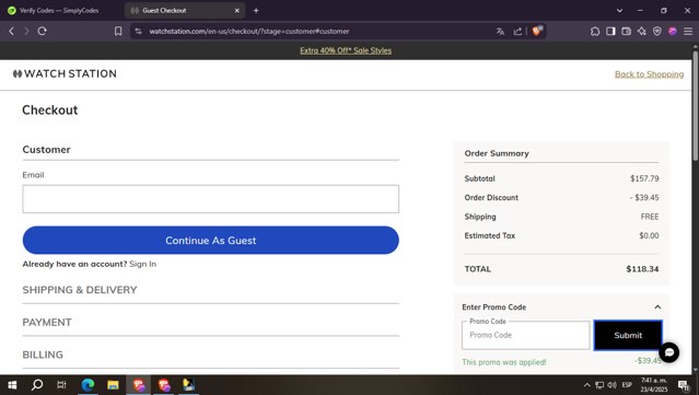 Watch Station checkout page showing Watch Station coupon code box | Screenshot taken by SimplyCodes community member on Apr 23, 2025