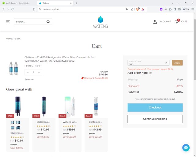 Watens checkout page showing Watens coupon code box | Screenshot taken by SimplyCodes community member on Jul 31, 2024