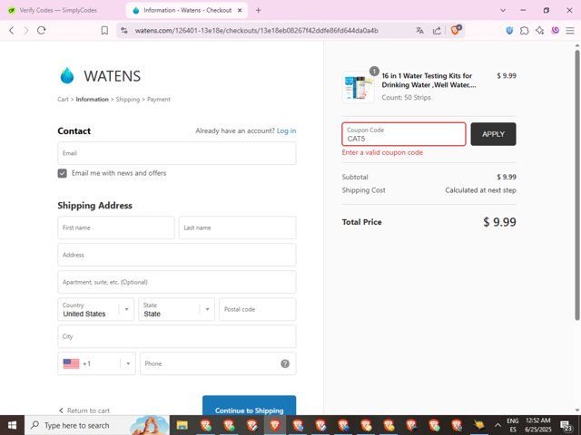 Watens checkout page showing Watens coupon code box | Screenshot taken by SimplyCodes community member on Jun 25, 2025