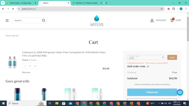 Watens checkout page showing Watens coupon code box | Screenshot taken by SimplyCodes community member on Aug 28, 2024