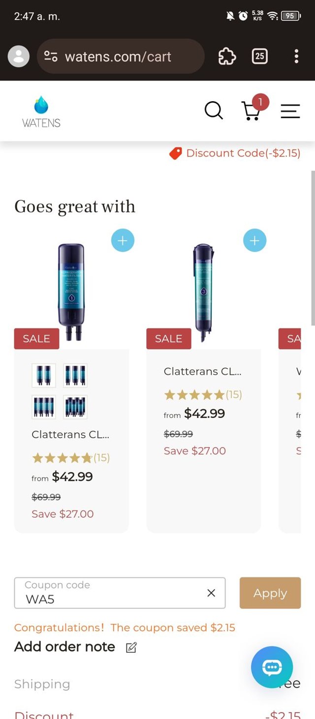 Watens checkout page showing Watens coupon code box | Screenshot taken by SimplyCodes community member on Sep 9, 2024