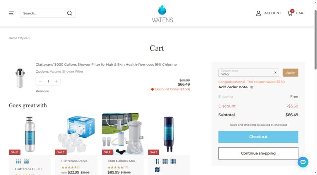 Watens checkout page showing Watens coupon code box | Screenshot taken by SimplyCodes community member on Oct 9, 2024